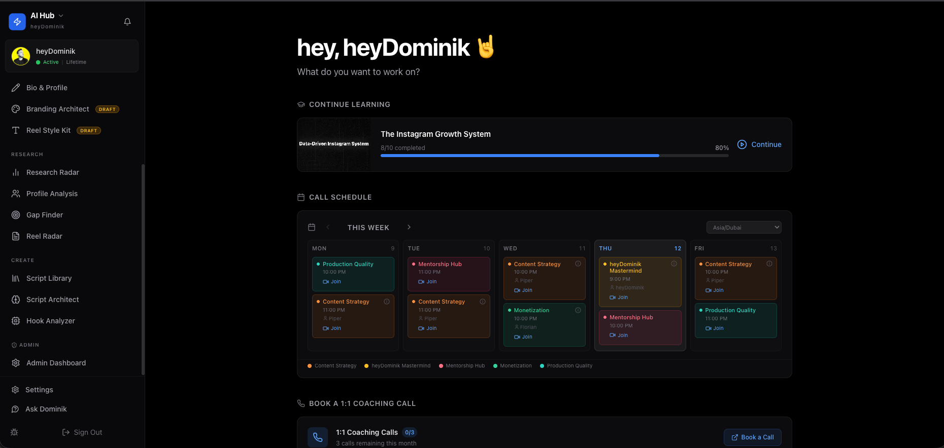 AI Hub Dashboard — Your command center for content strategy, research, hooks, scripts, and more